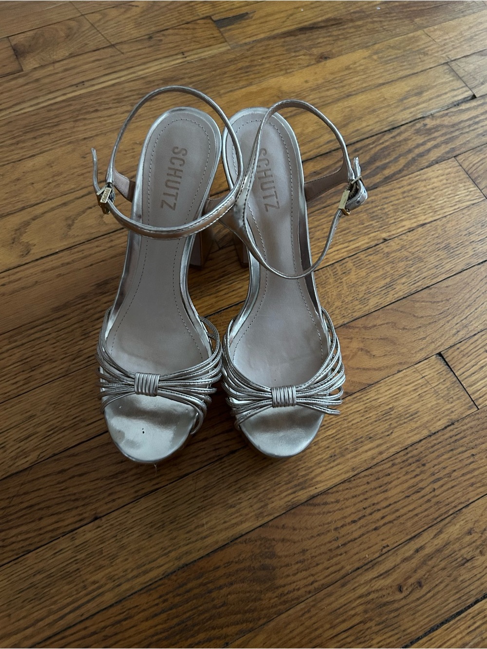 SCHUTZ Metallic Gold Knotted Ankle-Strap Heels
